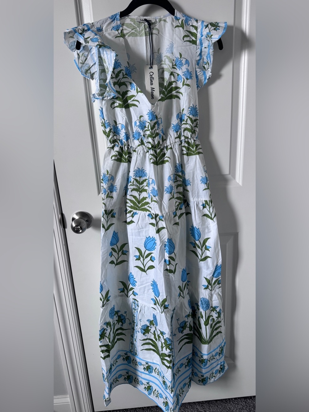 NWT-CELINA MOON White Floral Maxi Dress with Blue & Green Floral Print-XS